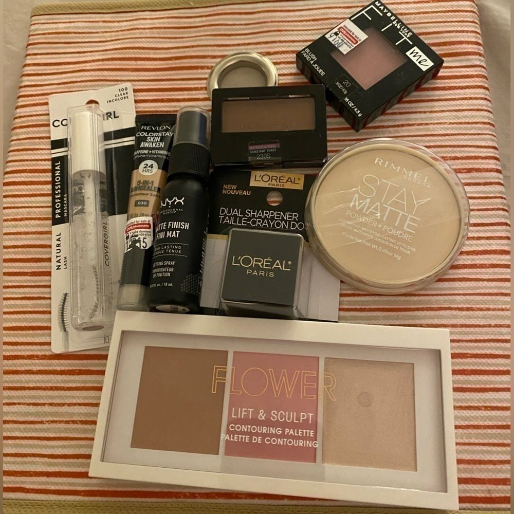 8 PIECE LOT OF MAYBELLINE, LOREAL, FLOWER, NYX, REVLON, COVERGIRL, RIMMEL MAKEUP